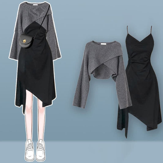 Cross Pure Color Chic Sweater Set Slip Irregular Dress