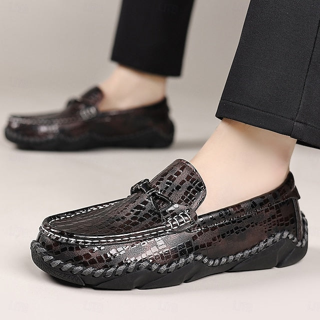 Men’s Black Moc-Toe Driving Loafers – Textured Crocodile