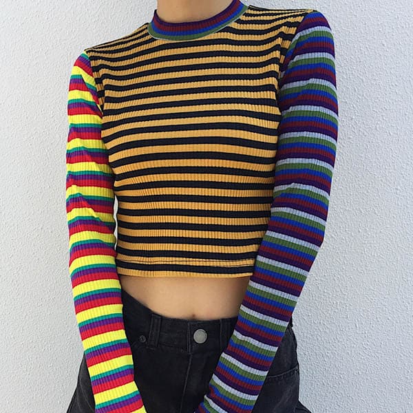 Color Strip Knit Crop - Sweatshirts