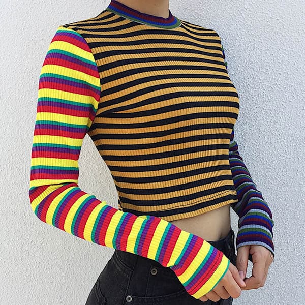 Color Strip Knit Crop - Sweatshirts