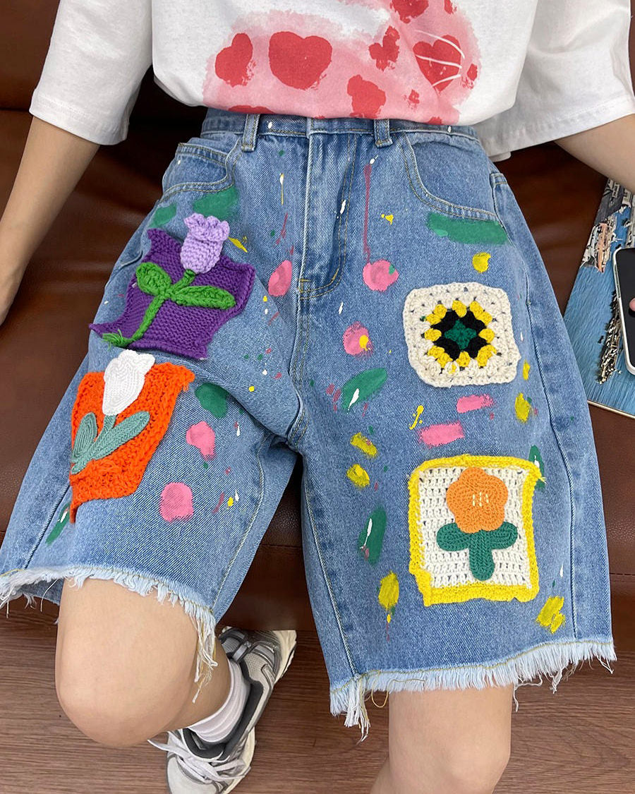 Cartoon Flower Denim Shorts