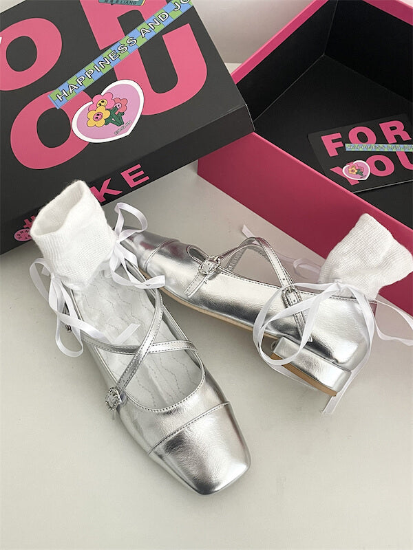 Silver Ballet Flats Shoes SpreePicky