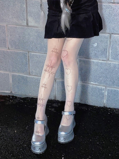 Lolita Strumpfhose mit Tattoo-Sternen und Herzen