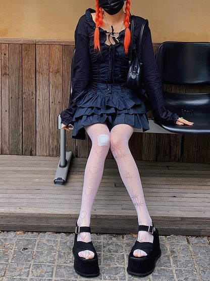 Lolita Strumpfhose mit Tattoo-Sternen und Herzen