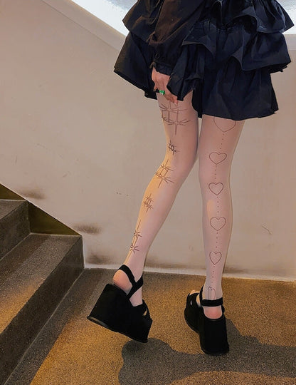 Lolita Strumpfhose mit Tattoo-Sternen und Herzen
