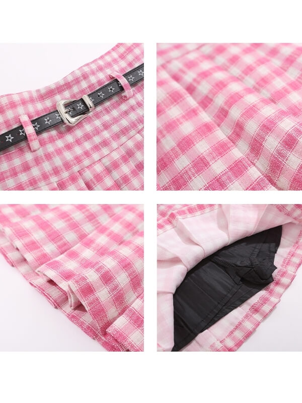 Pink Plaid Belt Skirt SpreePicky