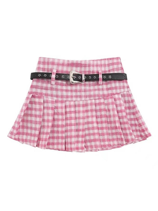 Pink Plaid Belt Skirt SpreePicky