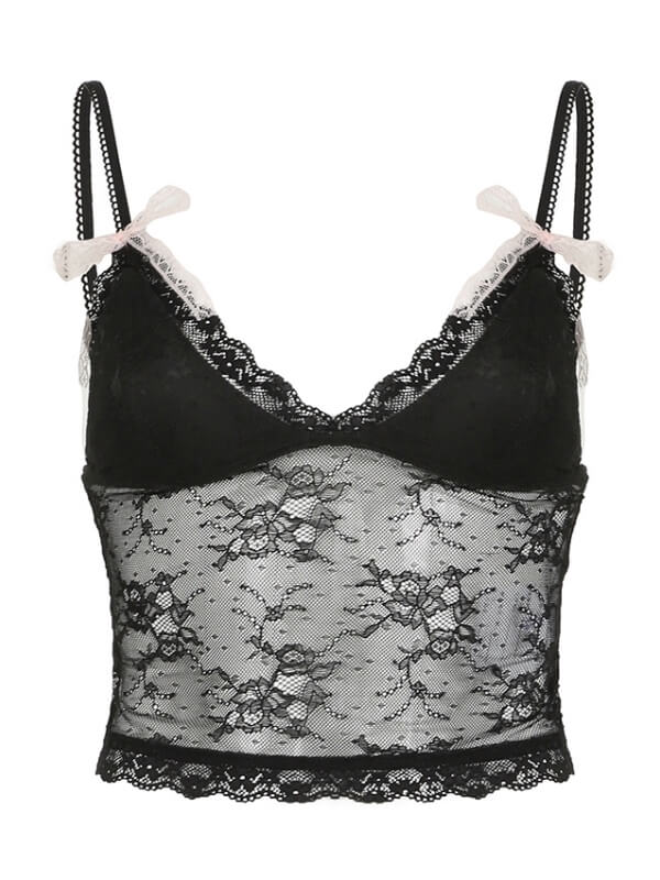 Camisole en dentelle noire avec nœud à fleurs