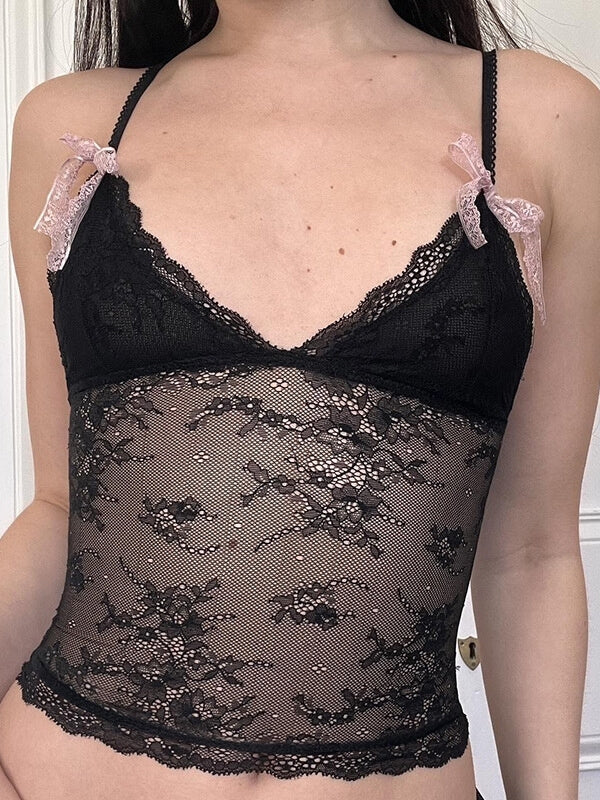 Camisole en dentelle noire avec nœud à fleurs