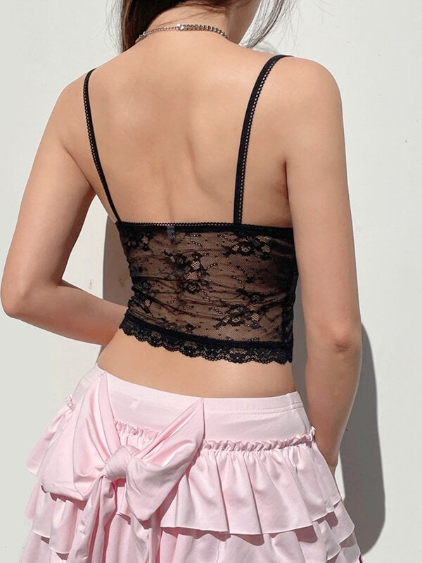 Camisole en dentelle noire avec nœud à fleurs