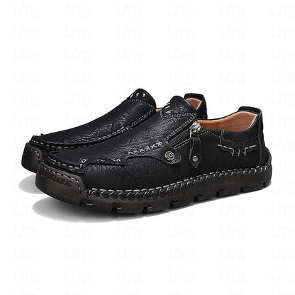 Men's Brown Faux Leather Slip-On Loafers with Side Zipper