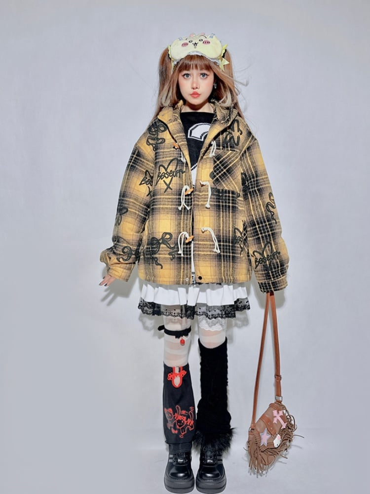 Yellow Brown Plaid  Bow Hooded Coat