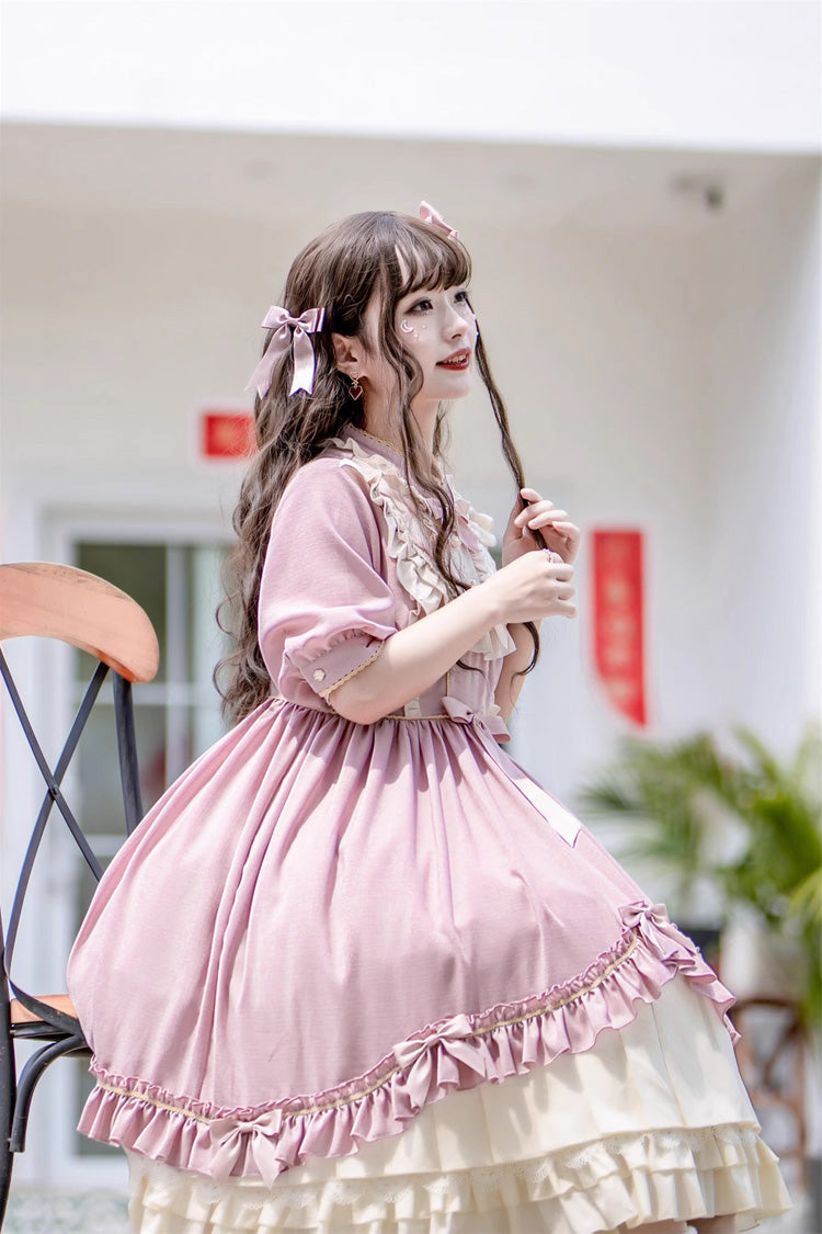 Pink Long Sleeves Ruffle Bow Daily Sweet Princess Lolita Dress