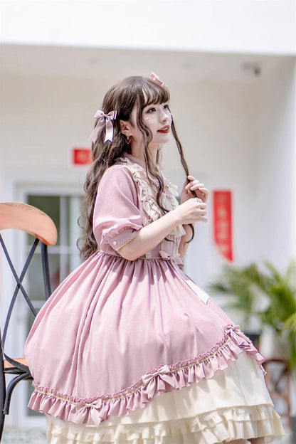 Pink Long Sleeves Ruffle Bow Daily Sweet Princess Lolita Dress