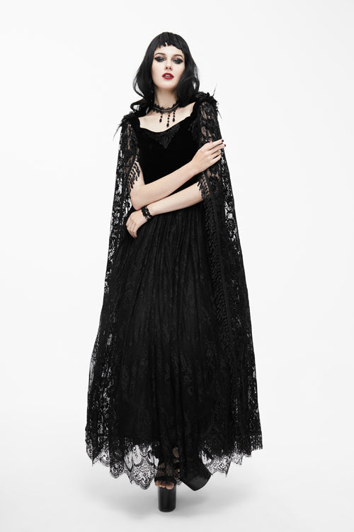 Gothic Women's Long Velvet Dress with Feather Flower Off-Collar and Lace Shawl