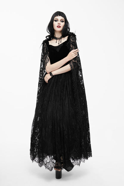 Gothic Women's Long Velvet Dress with Feather Flower Off-Collar and Lace Shawl