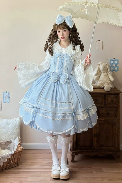 Cotton Sleeveless Lace-Trimmed Sweet JSK with Bow Details