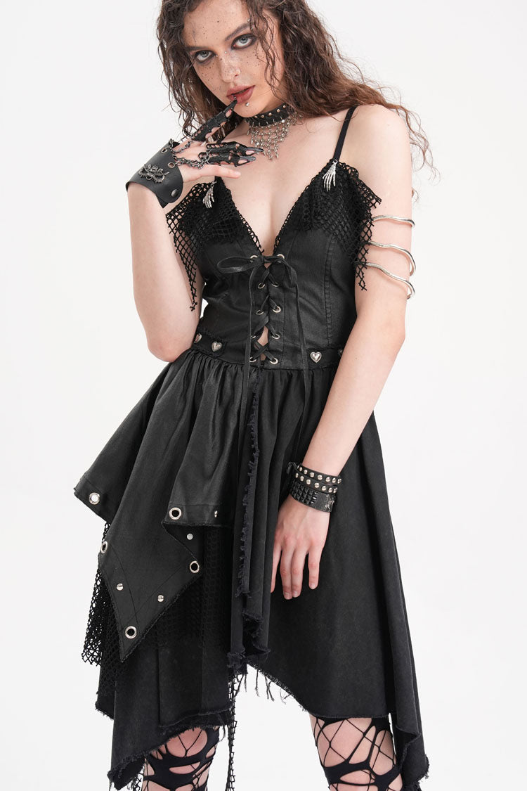 Mesh Panel Irregular Gothic Slip Dress in Black - NoirEdge