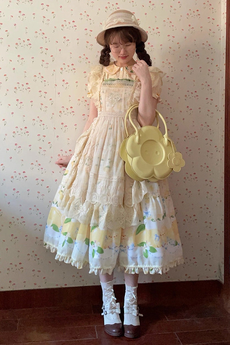 Lemon Chicken Print Ruffle Bow Lace Sweet Lolita JSK Long in Yellow