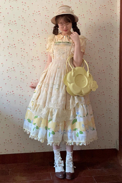 Lemon Chicken Print Ruffle Bow Lace Sweet Lolita JSK Long in Yellow