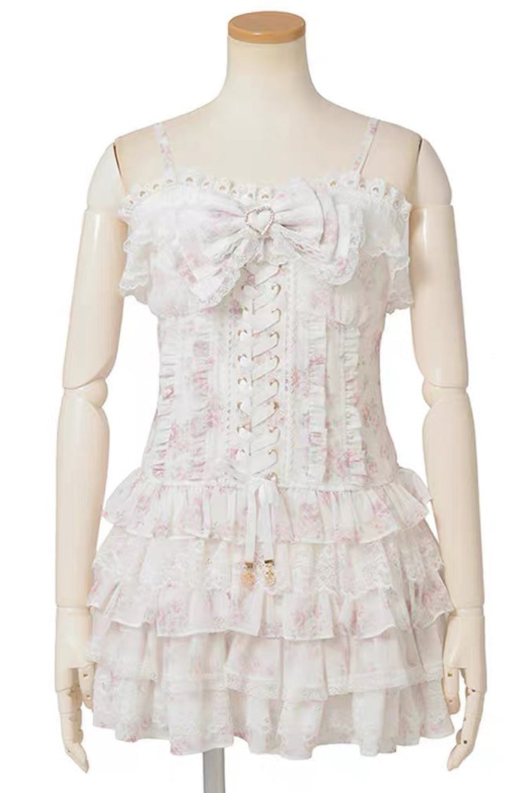 Multi-Layer Printed Ruffle Bow Sweet Dress Three Colors