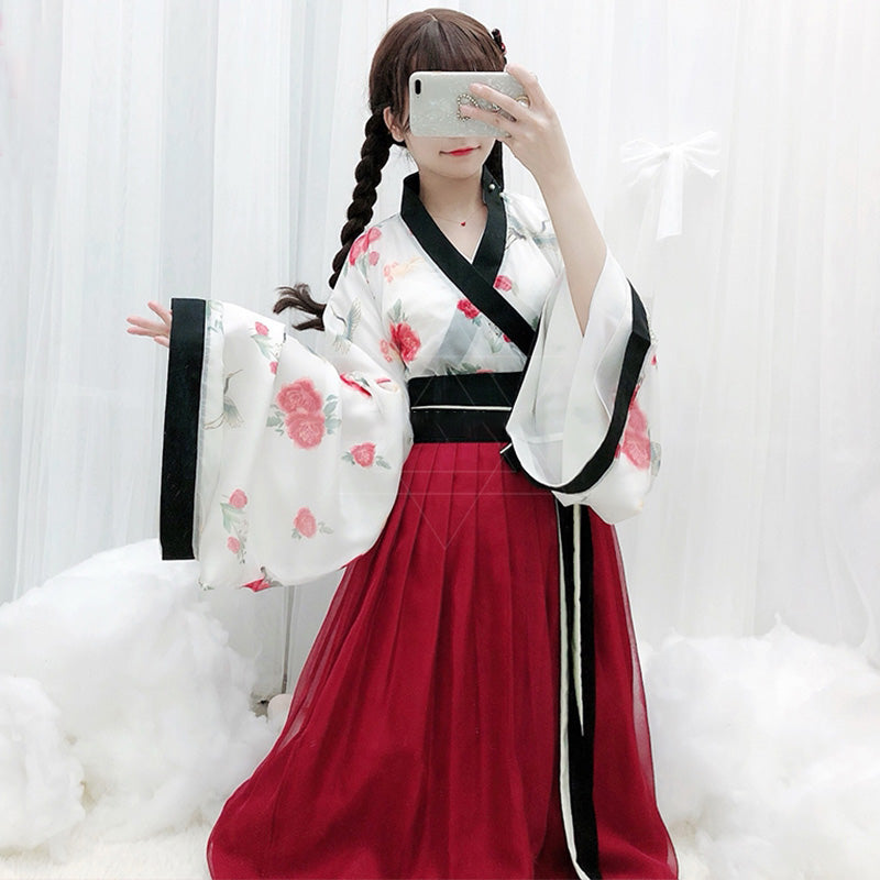 Elegant V-Neck Floral Print Top Skirt Kimono Set