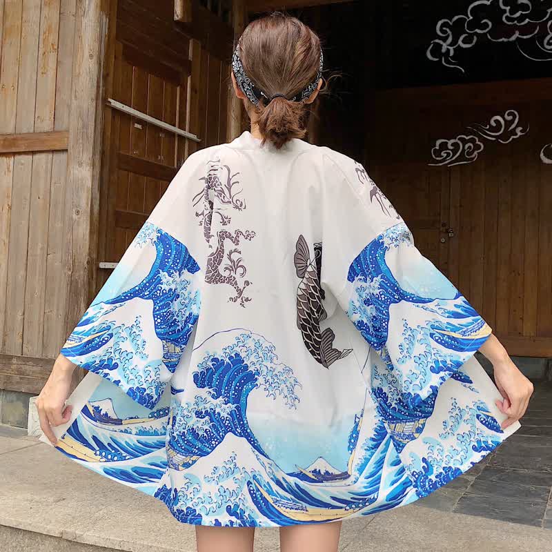 Vintage Wave Carp Print Casual Cardigan Kimono Outerwear