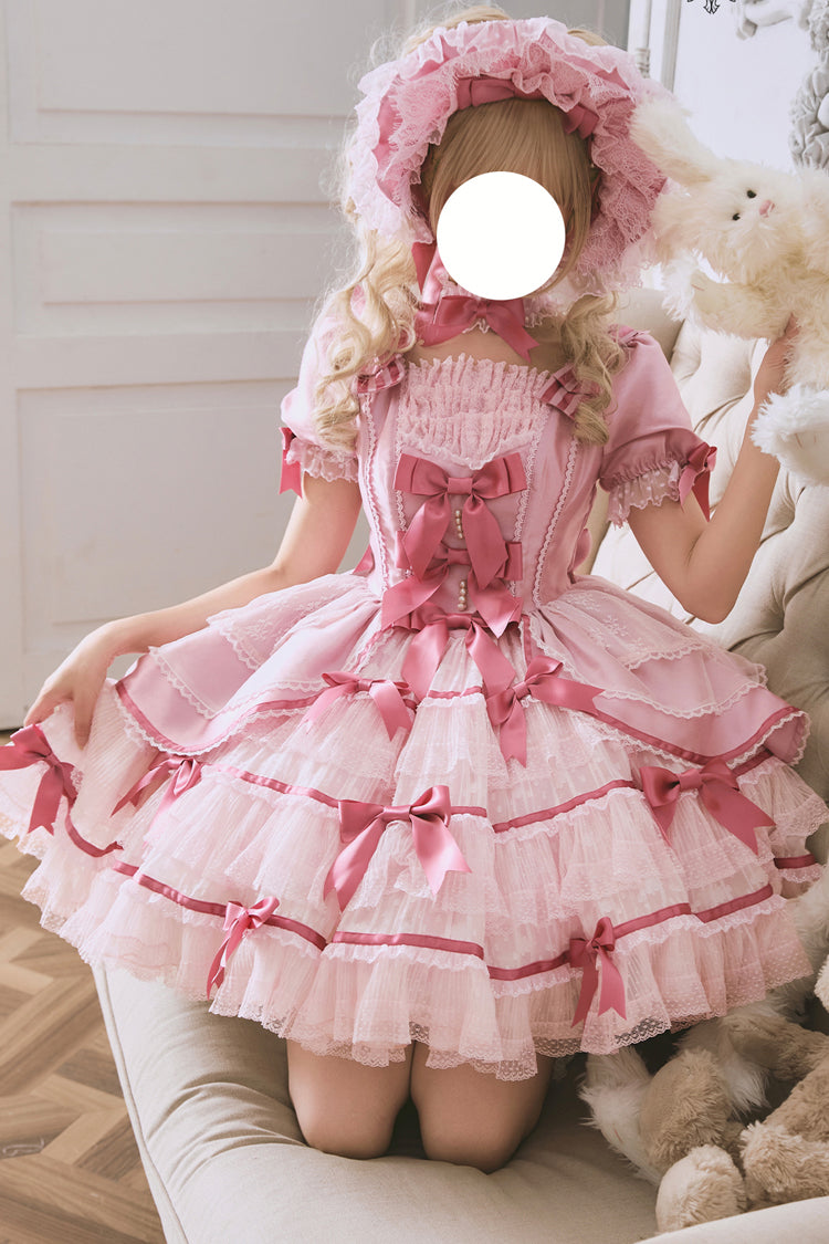 Rose Velvet Cake Long Trumpet Sleeves Multi Ruffle Bow Lace Sweet Lolita Dress