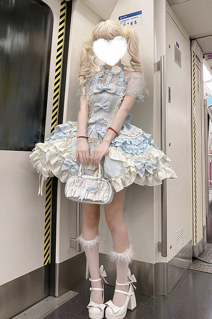 Blue Heart of Butterfly Halterneck Sleeveless Multi-Layer Ruffle Embroidery Princess Ballet JSK Dress Set