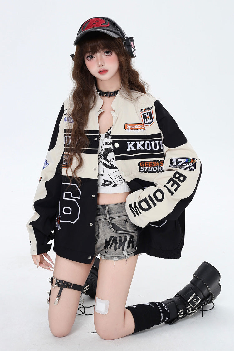 Biker Girl Print Embroidery Zip Detachable Coat Three Colors