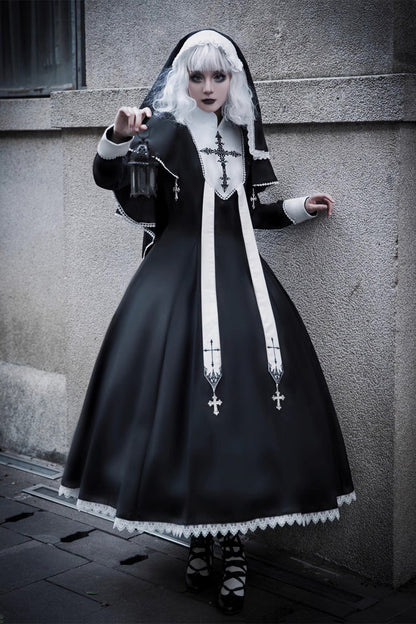 Elegant Lace-Stitched Long-Sleeve Gothic Gown