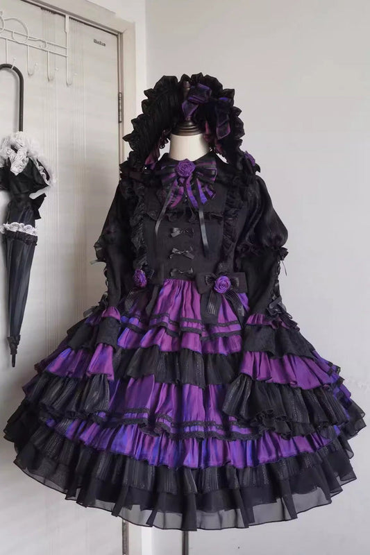 Black/Purple Gothic Lolita Trumpet-Sleeved Multi-Layered Ruffle Lace-Up Dress