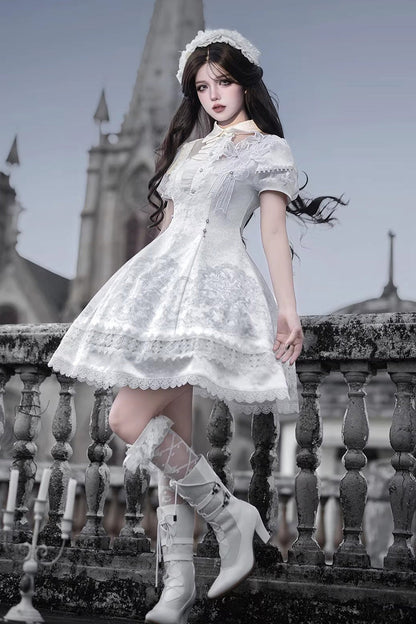 Lace Trimmed Classic Gothic Lolita Dress - White