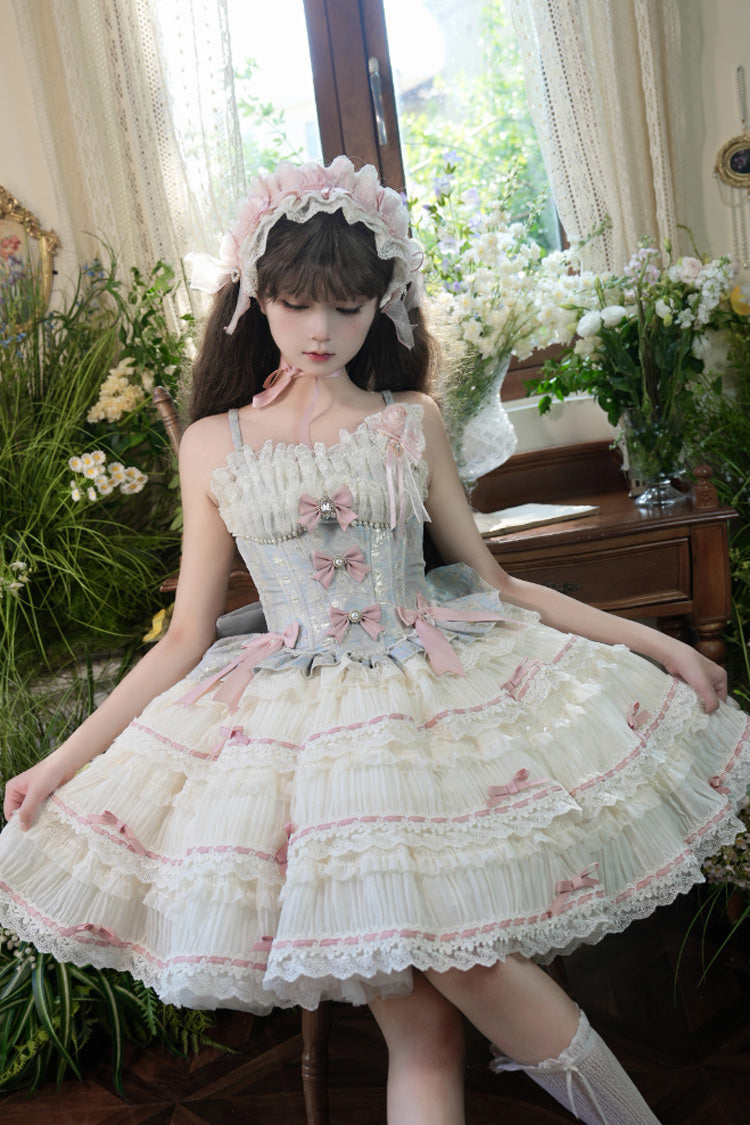 Blue Apricot Sea Salt Souffle Sleeveless Multi-Layer Bow Lace Sweet Ballet JSK Dress