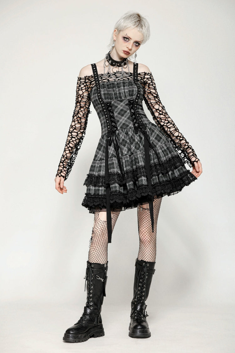 Charcoal Layered Lace Hem Plaid Slip Dress - Punk Party Attire