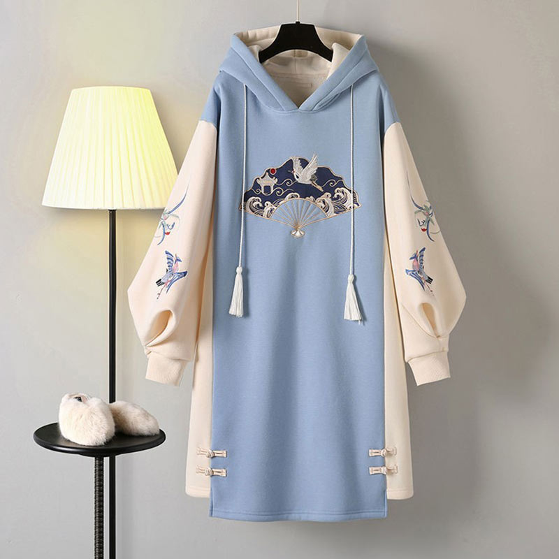 Blue Embroidery Loose Hoodie Vintage Sweatshirt Dress