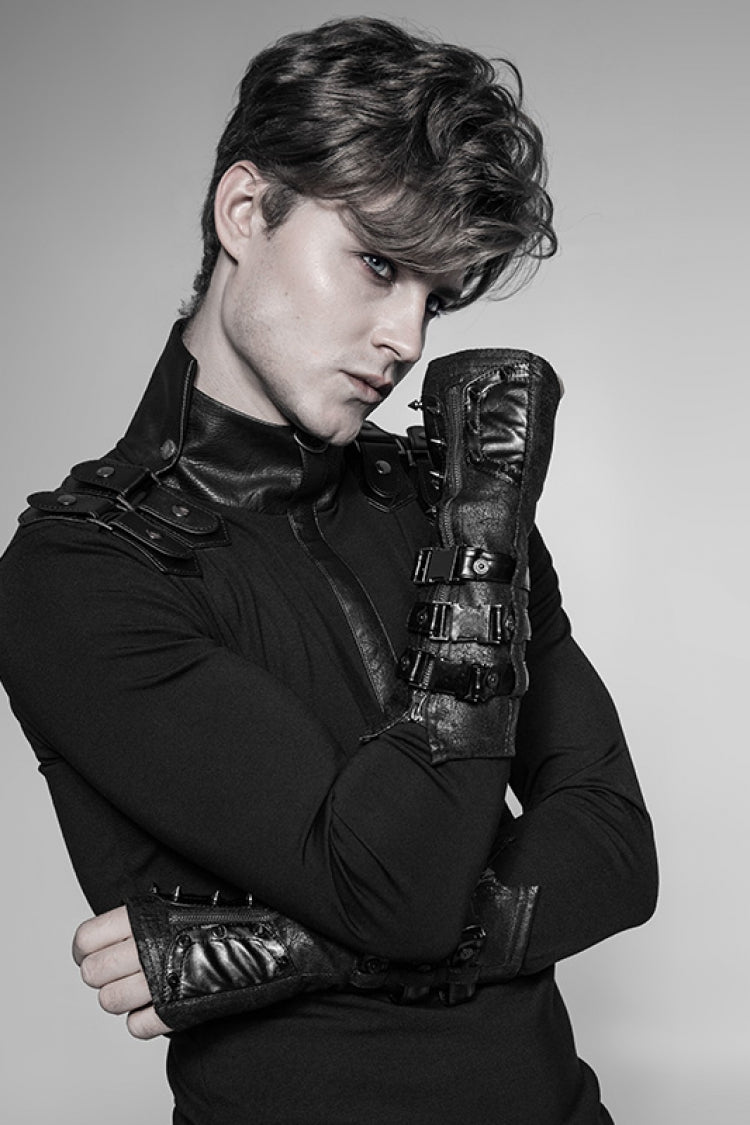 Men's Steampunk Gloves with Metal Rivet Buckle in Black Faux Leather