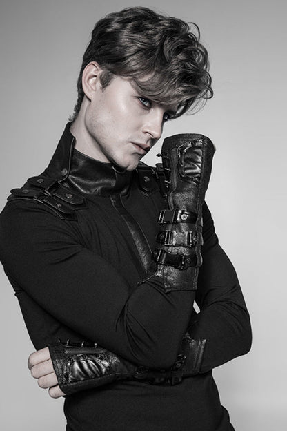 Men's Steampunk Gloves with Metal Rivet Buckle in Black Faux Leather