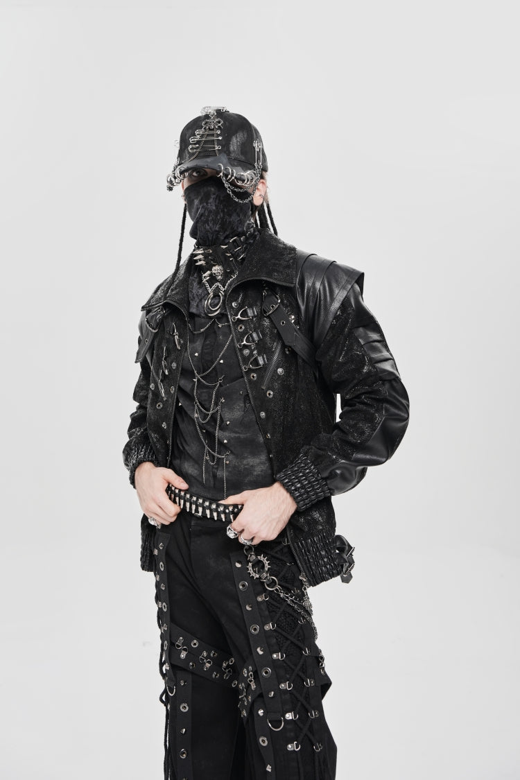 Men's Punk Coat with Buckle Zipper Straps and Stitched Black Faux Leather