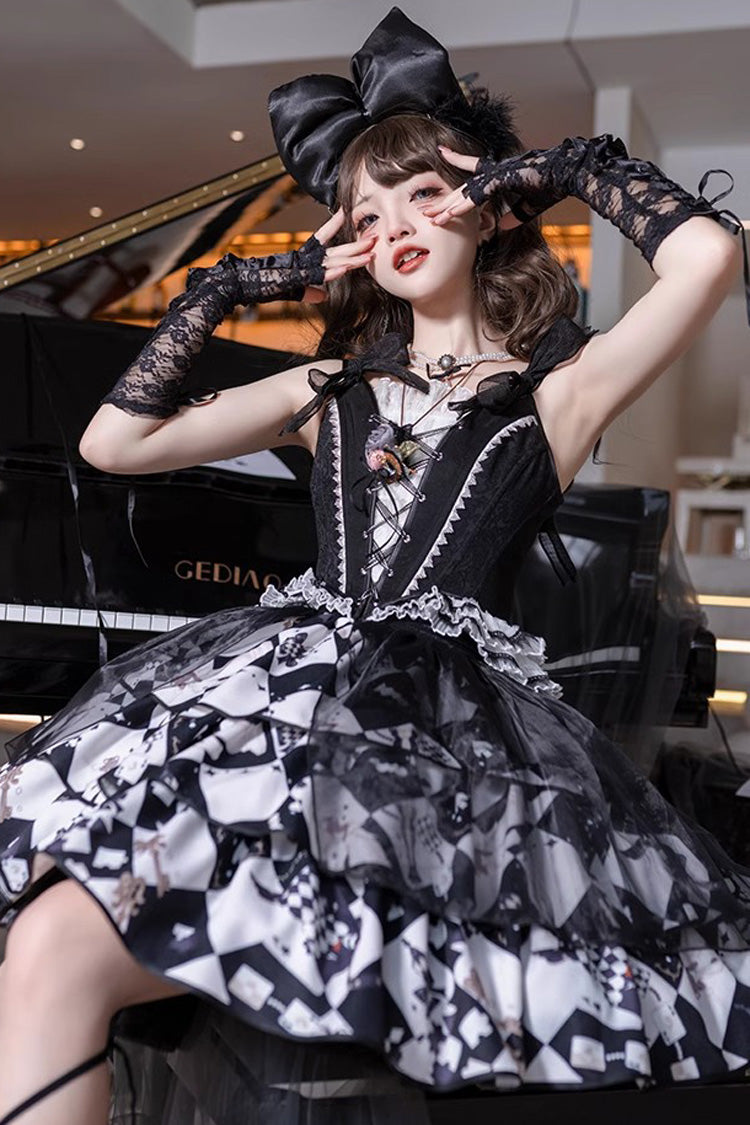 Black White Board Games Triple-Layer Print Ruffle Vintage Lolita Skirt