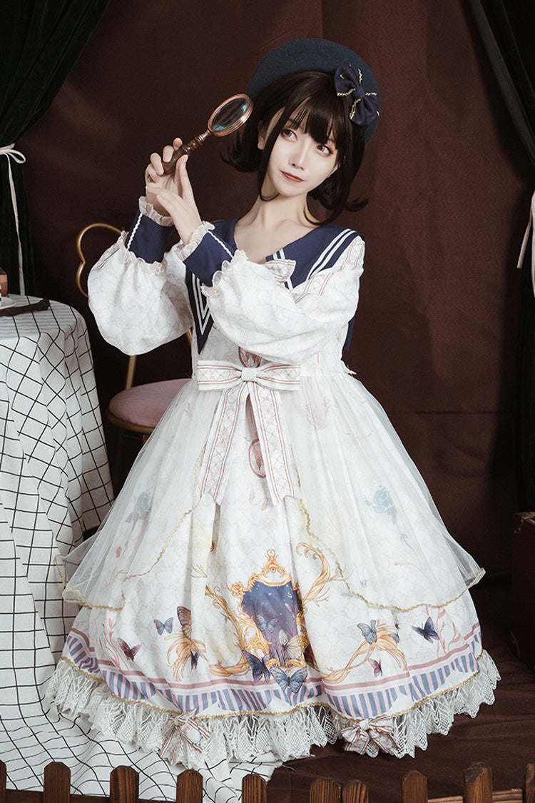 Ivory Navy Collar Butterfly Print Ruffled Bow Princess Gown