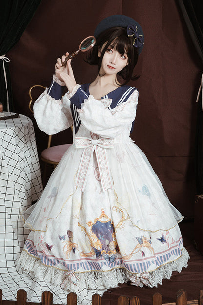 Ivory Navy Collar Butterfly Print Ruffled Bow Princess Gown