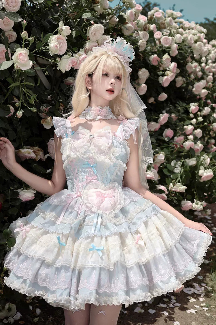 Sweet Lolita JSK Dress with Square Collar and Multi-Layered Ruffled Bow Lace