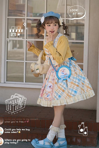 Cat Holiday Print Ruffle Bow Two-Piece Illusion Sweet Lolita Gown in Yellow Pink