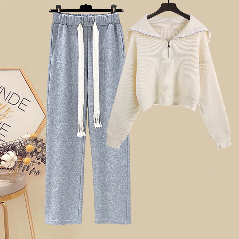 Set Collar Casual Sailor Sweater Pants Zipper