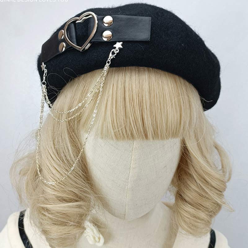 Béret Lolita avec chaîne en forme de cœur Y2K