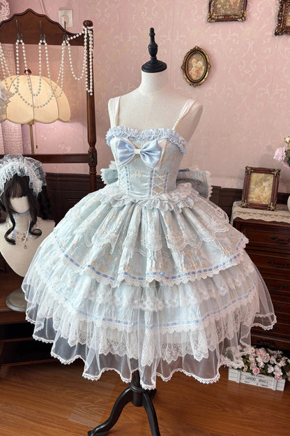 Square-Collar Embroidered Plus-Size JSK Set with Layered Ruffles
