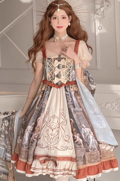 Vintage Oil Painting Print Bowknot Princess Classic Gown