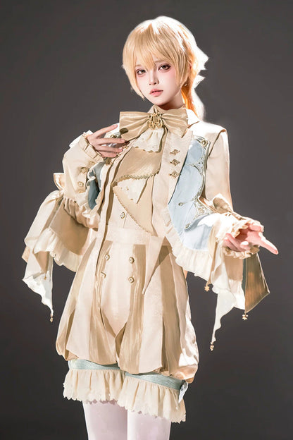 Golden Stand-Collar Long-Sleeve Embroidered Ruffled Bow Ouji Ensemble