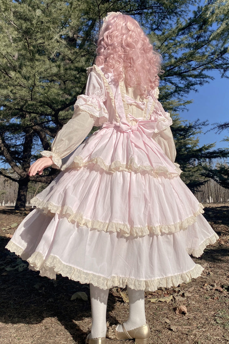 Pink Lapel-Collar Long-Sleeved High-Waisted Multi-Layer Bow-Trim Sweet Lolita Dress